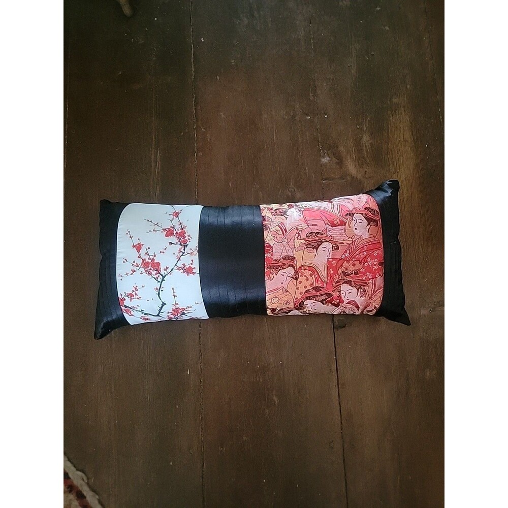 Cherry Blossom Geisha Pillow Red Black Asia Bolster Pleated 24"x10"